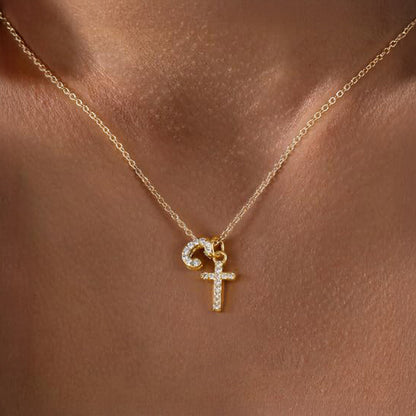 Dainty Monogram and Cross Diamond Chain Necklace