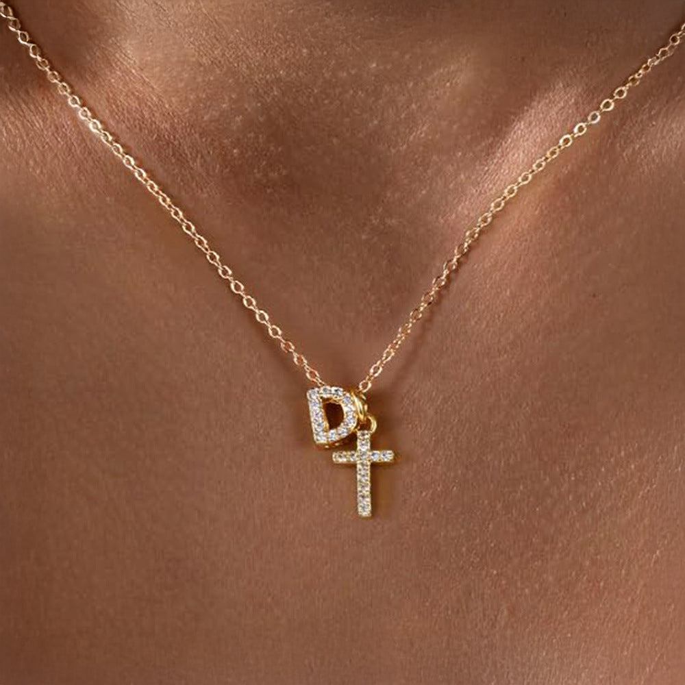 Dainty Monogram and Cross Diamond Chain Necklace
