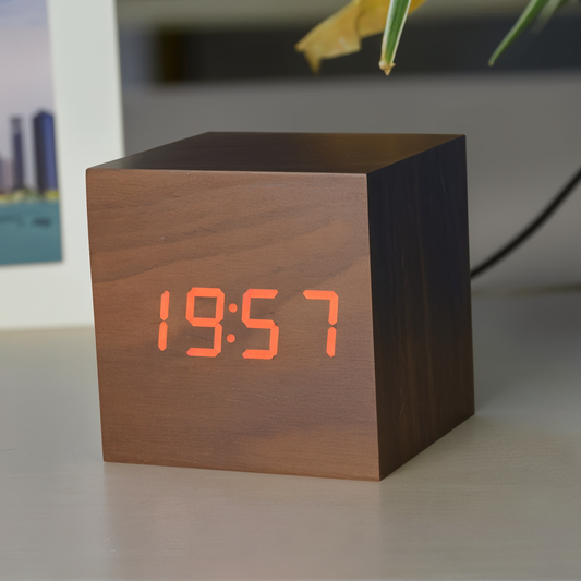Compact Wooden Digital Alarm Clock with Clear Display - Luxicro