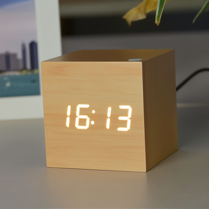 Compact Wooden Digital Alarm Clock with Clear Display