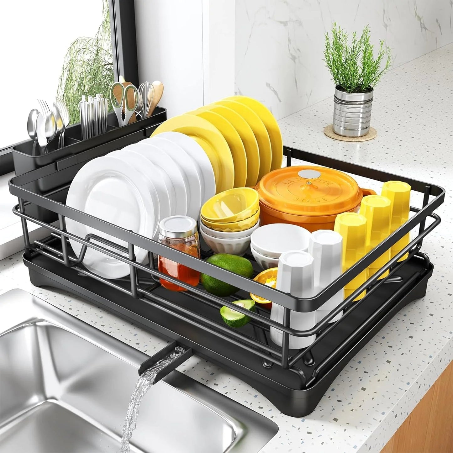 Space Saving Dish Rack with Draining Tray and Utensil Holder