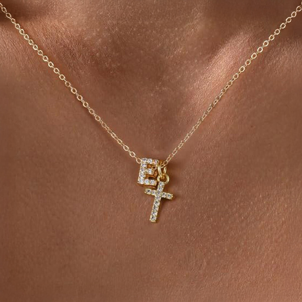 Dainty Monogram and Cross Diamond Chain Necklace