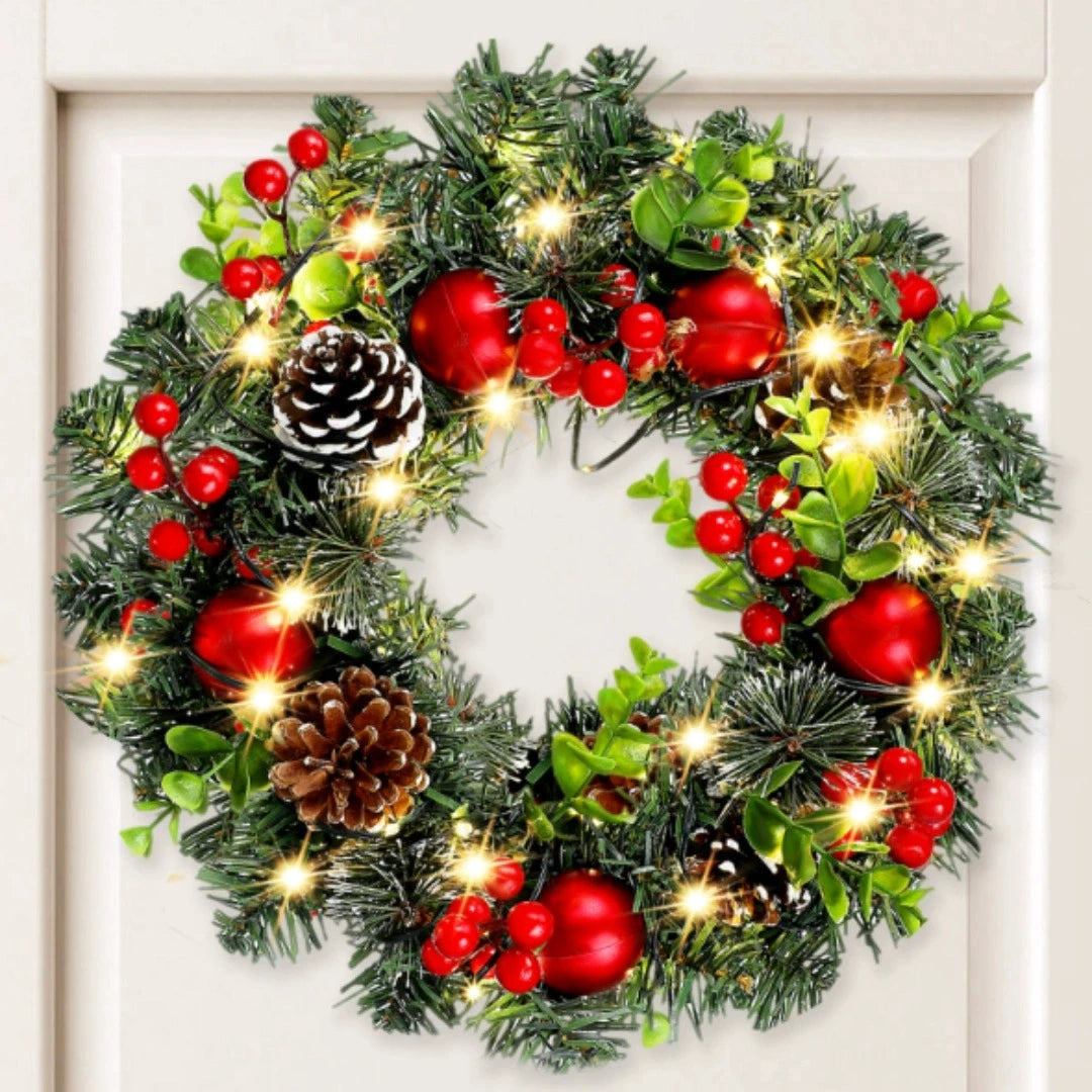 Beautiful Holiday Wreath with Lights and Red Berries - Luxicro
