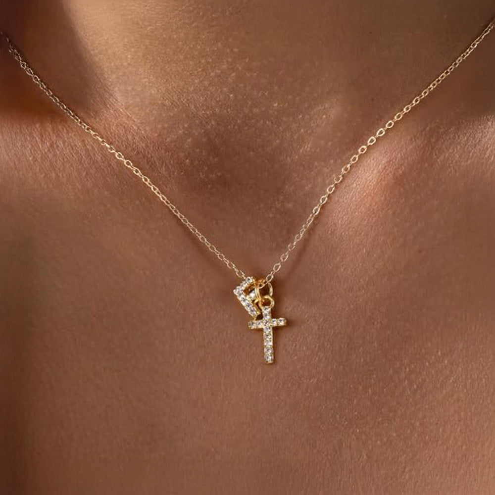 Dainty Monogram and Cross Diamond Chain Necklace