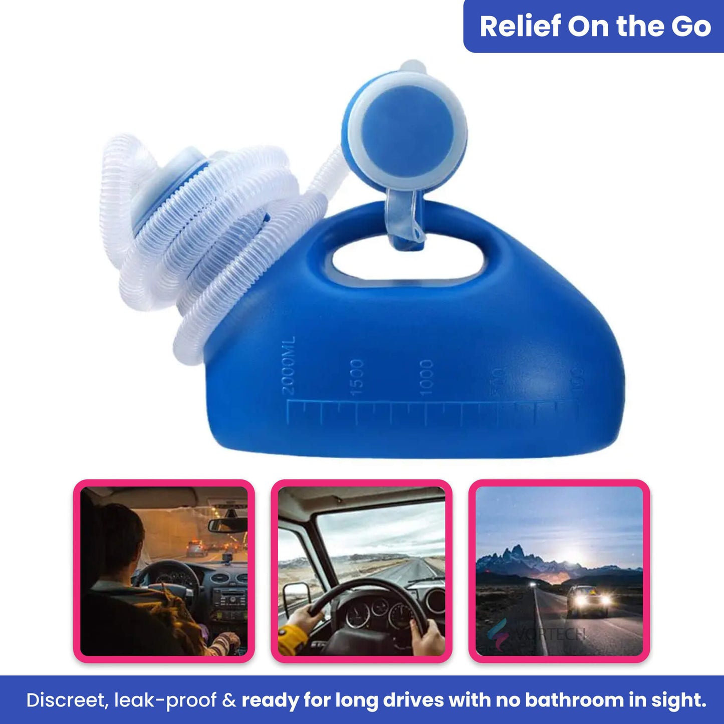 Compact Travel Urine Bottle 2000ML Spill Proof