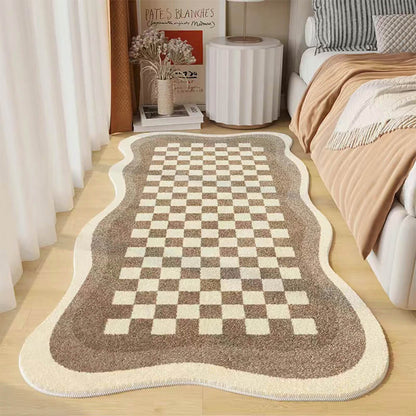 Soft Plush Checkered Bedroom Mat Irregular Shape Rug