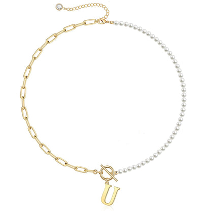 Customized Initial Pearl Bar Pendant Necklace