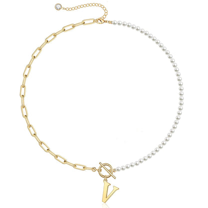 Customized Initial Pearl Bar Pendant Necklace