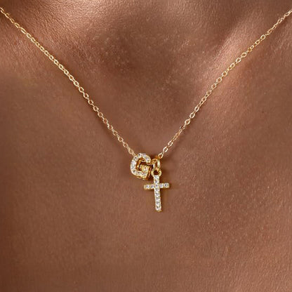 Dainty Monogram and Cross Diamond Chain Necklace