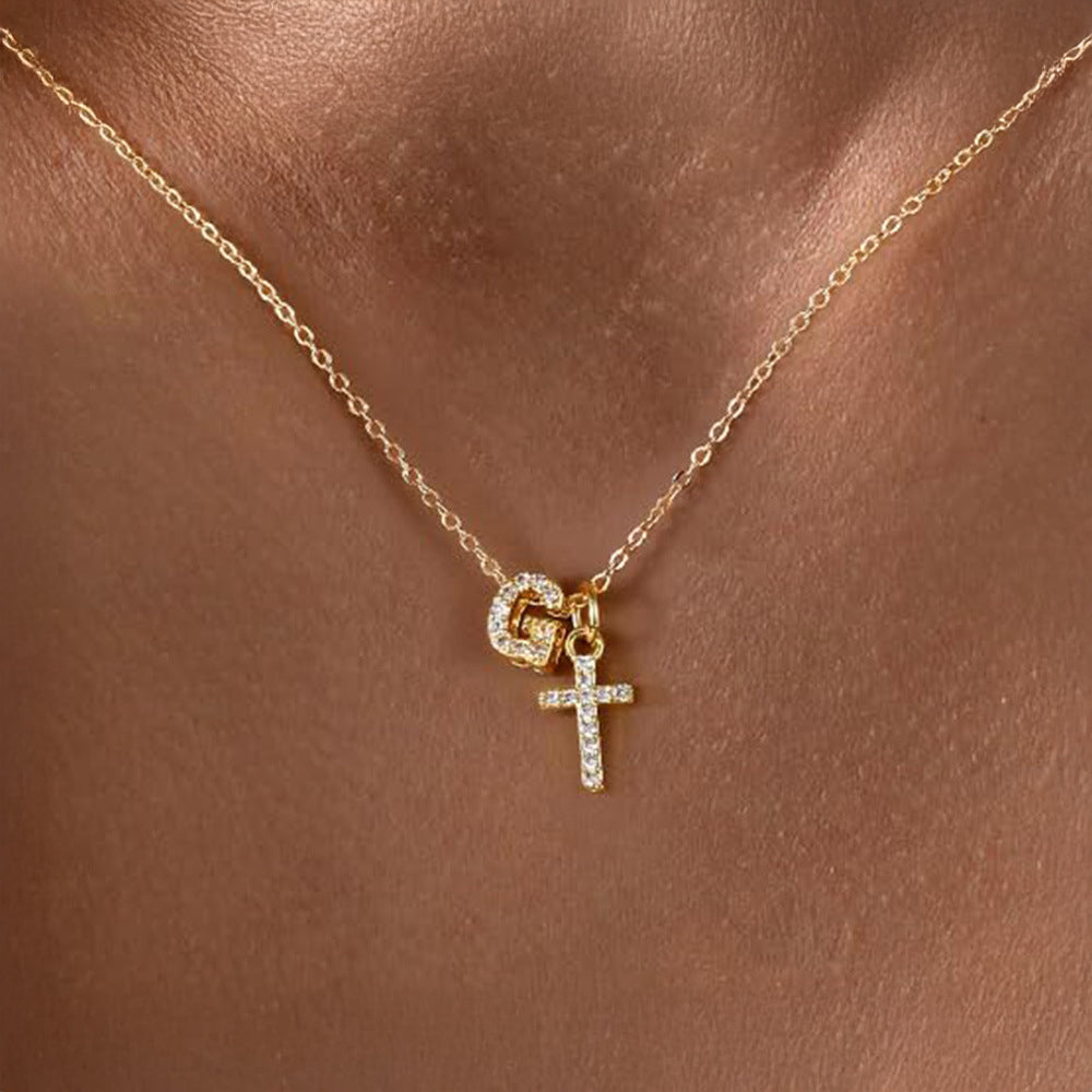 Delicate Diamond Letter & Cross Pendant Necklace