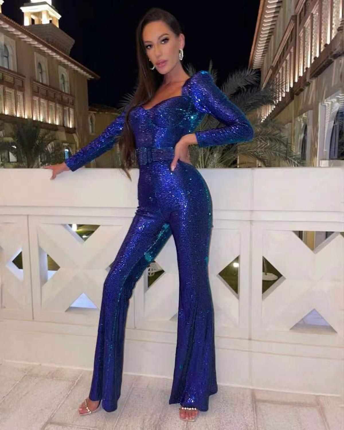 Sequined Party Jumpsuit for Women with Waist Belt - Luxicro