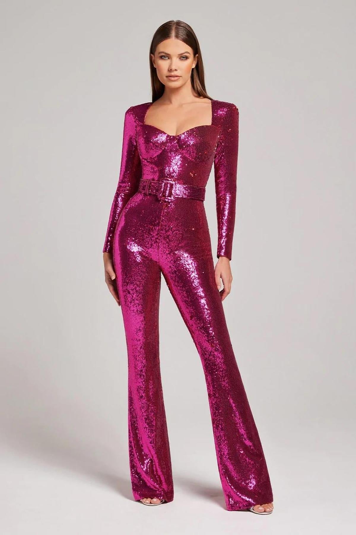 Sequined Party Jumpsuit for Women with Waist Belt
