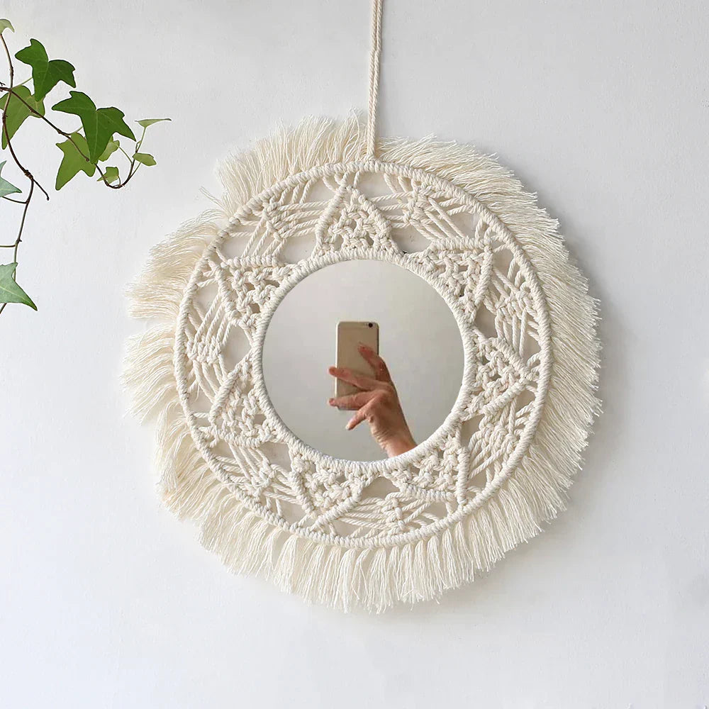 Boho Chic Wall Hanging Mirror Set with Fringe