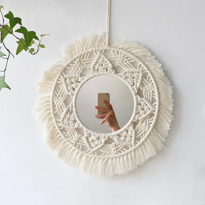 Boho Chic Wall Hanging Mirror Set with Fringe