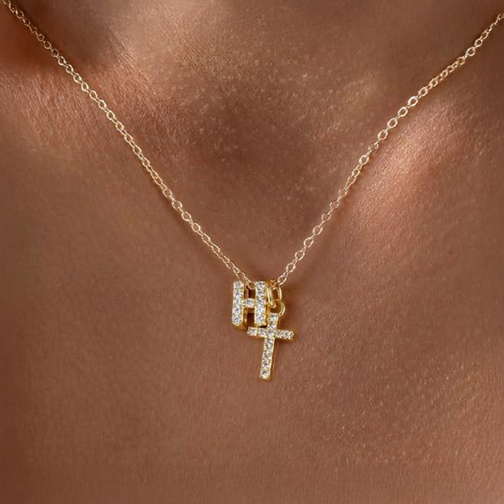 Dainty Monogram and Cross Diamond Chain Necklace