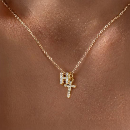 Dainty Monogram and Cross Diamond Chain Necklace