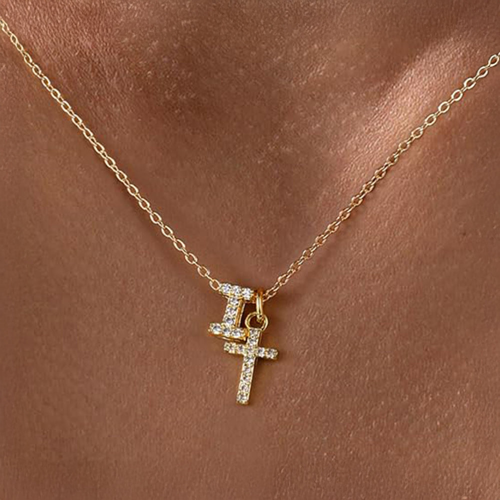 Dainty Monogram and Cross Diamond Chain Necklace