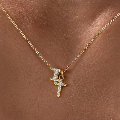 Dainty Monogram and Cross Diamond Chain Necklace