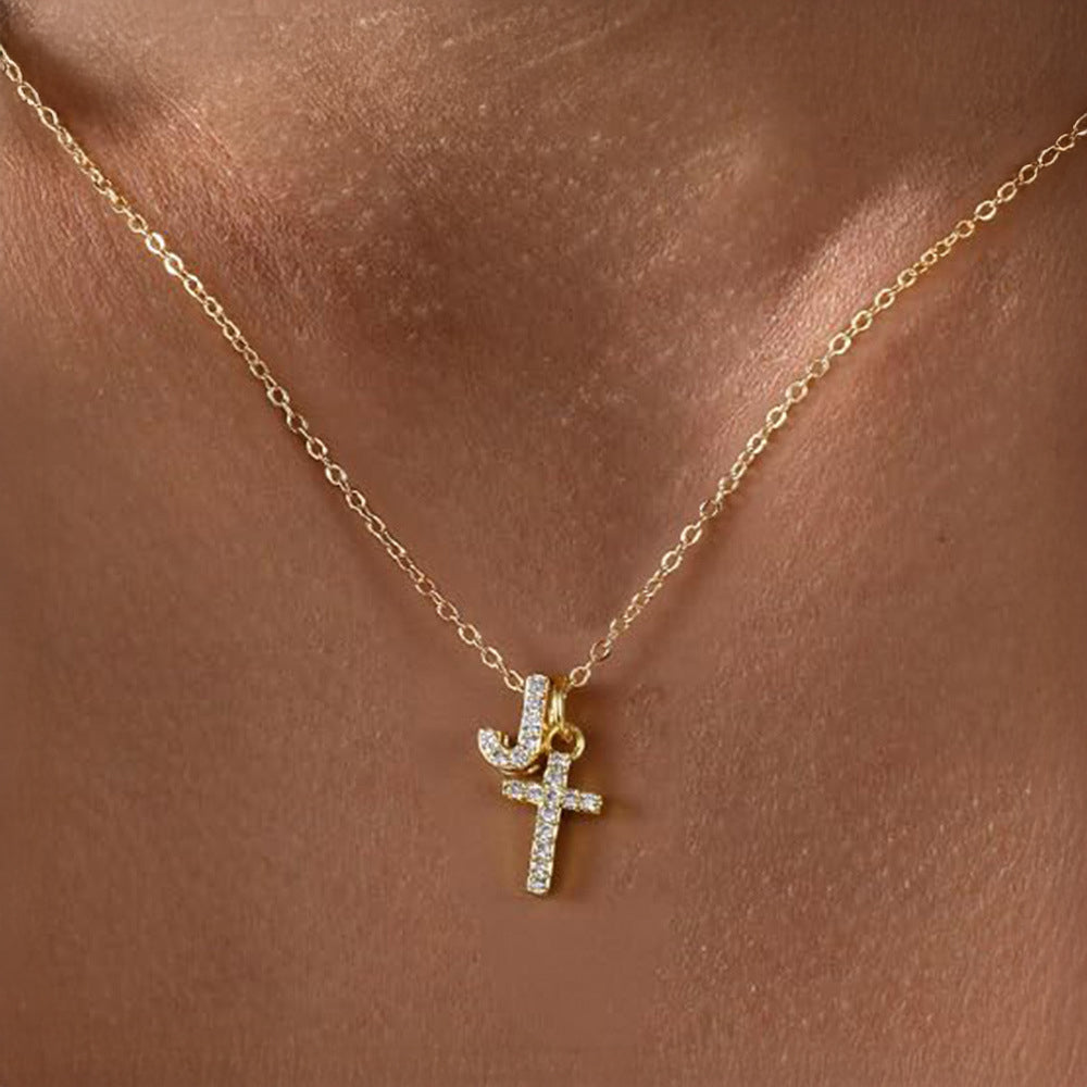 Delicate Diamond Letter & Cross Pendant Necklace