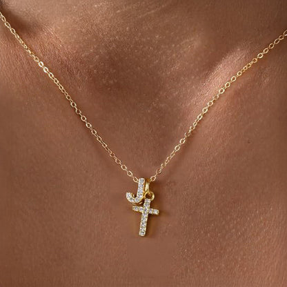 Dainty Monogram and Cross Diamond Chain Necklace