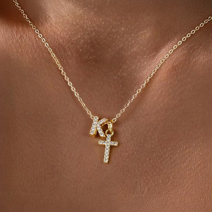 Delicate Diamond Letter & Cross Pendant Necklace