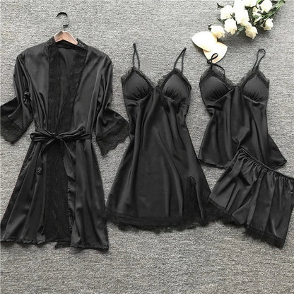 Soft Silk Pajama Set with Lace Kimono