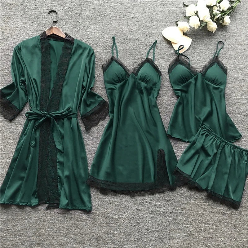 Soft Silk Pajama Set with Lace Kimono