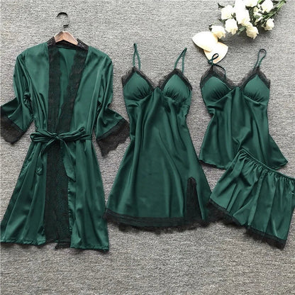 Soft Silk Pajama Set with Lace Kimono