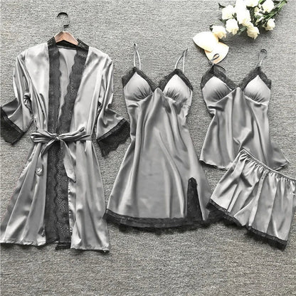 Soft Silk Pajama Set with Lace Kimono