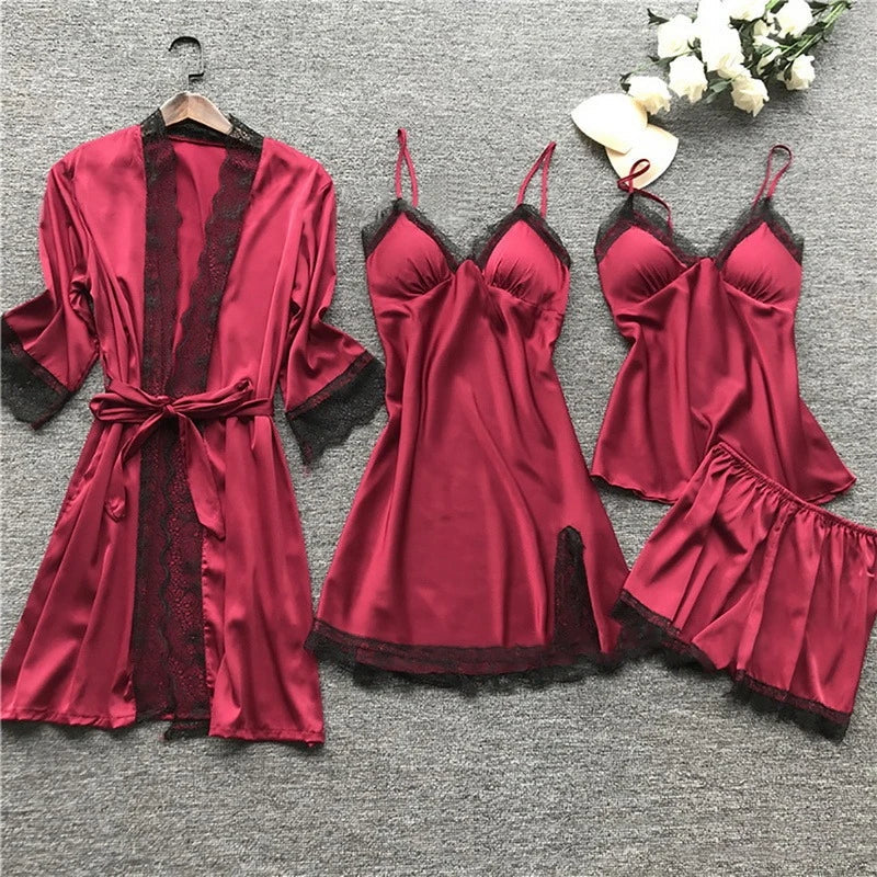 Soft Silk Pajama Set with Lace Kimono - Luxicro