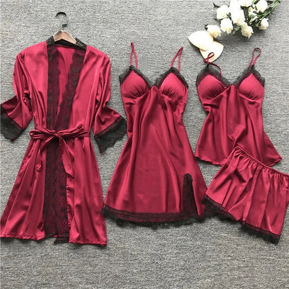 Soft Silk Pajama Set with Lace Kimono - Luxicro