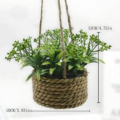Green Hanging Fake Plant Woven Basket Planter