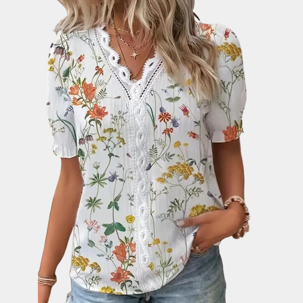 Comfortable Floral Women's Blouse with Lace Details - Luxicro