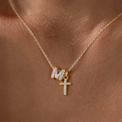 Dainty Monogram and Cross Diamond Necklace