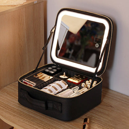 Compact Travel Makeup Organizer with LED Light & Mirror