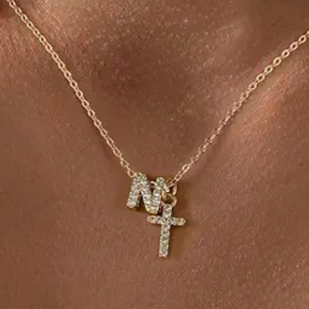 Delicate Diamond Letter & Cross Pendant Necklace
