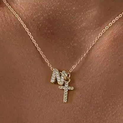 Delicate Diamond Letter & Cross Pendant Necklace