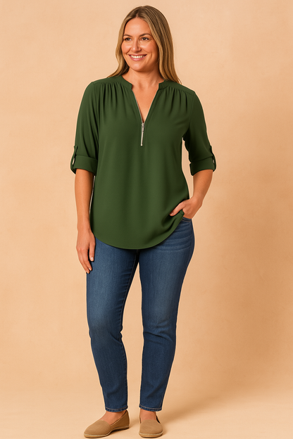Classic Zip Front Blouse with Long Sleeves