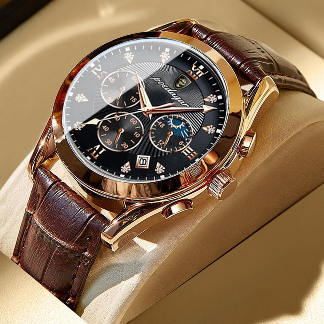 Stylish Mens Black Leather Sapphire Watch - Luxicro