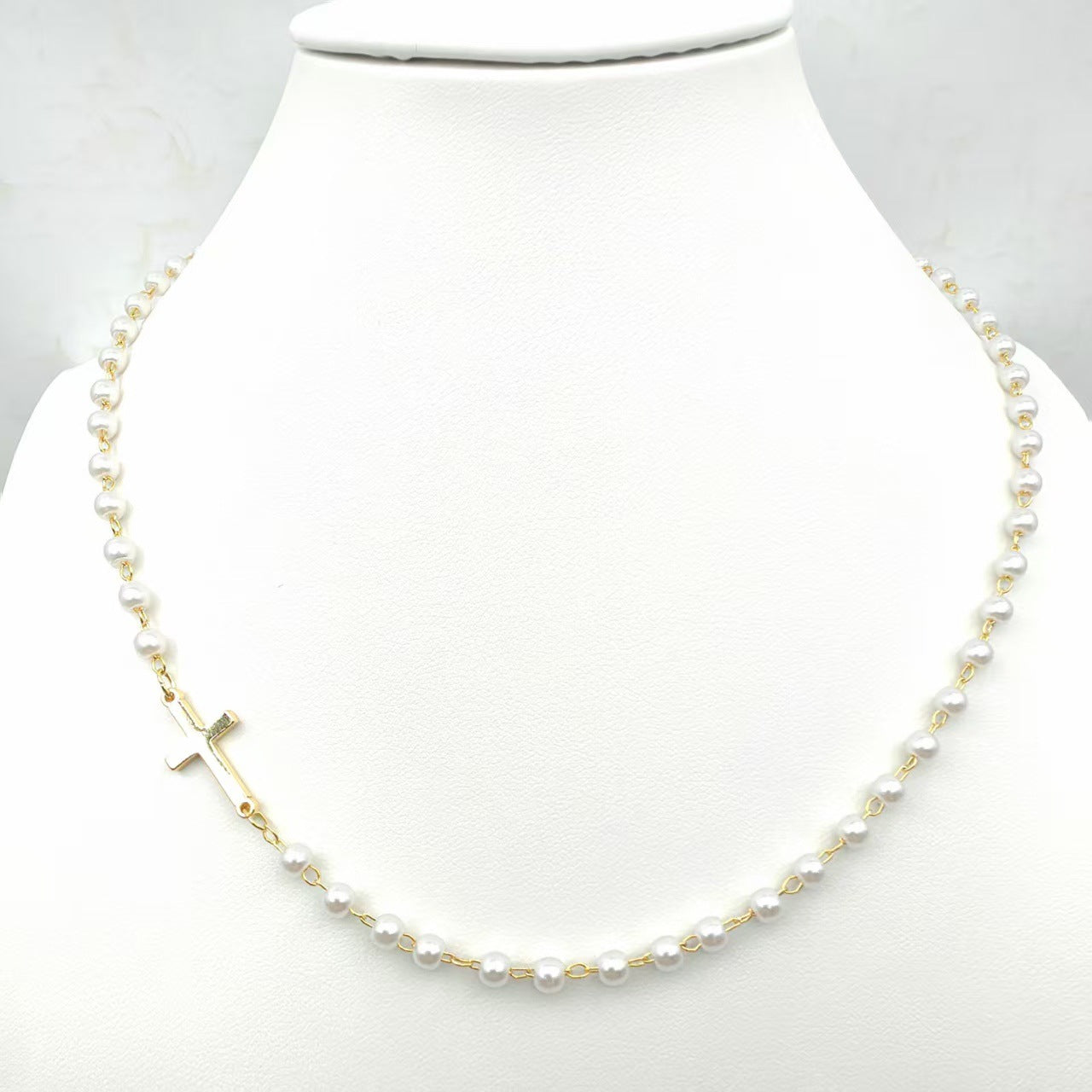 Dainty Faux Pearl Cross Layering Choker Necklace