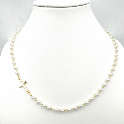 Dainty Faux Pearl Cross Layering Choker Necklace