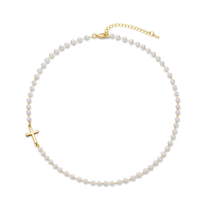 Dainty Faux Pearl Cross Layering Choker Necklace - Luxicro