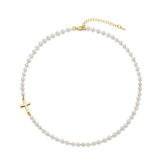 Dainty Faux Pearl Cross Layering Choker Necklace - Luxicro