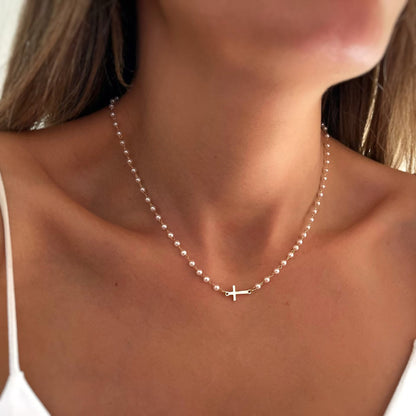 Dainty Faux Pearl Cross Layering Choker Necklace