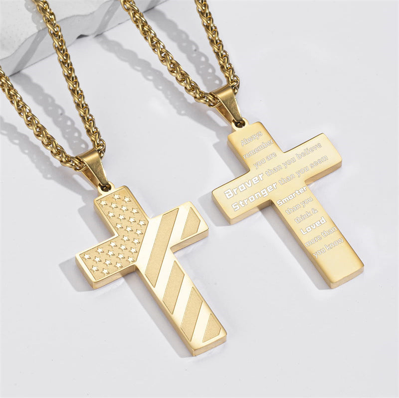 American Flag Cross Silver Pendant Necklace