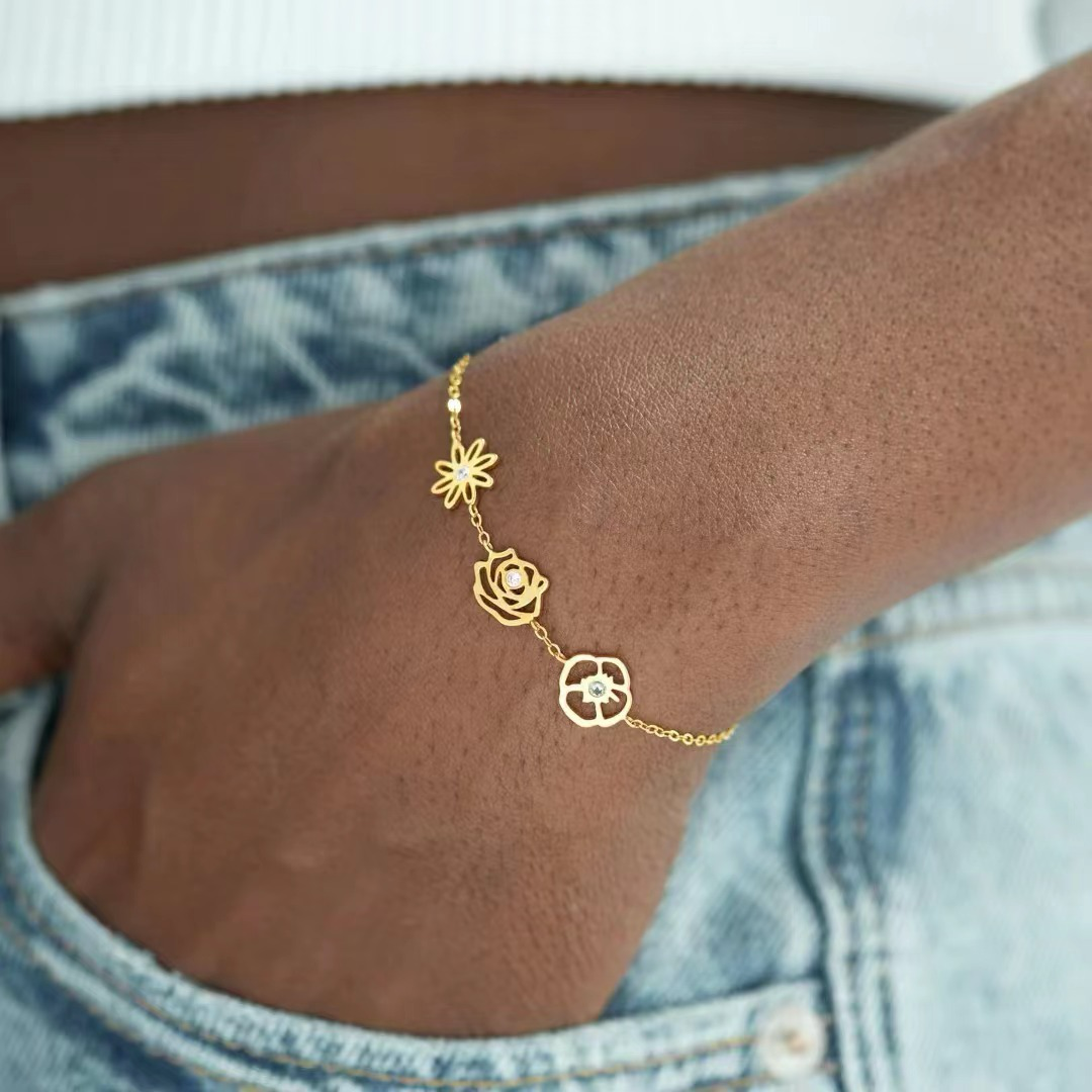 Dainty Gemstone and Bloom Charm Bangle - Luxicro