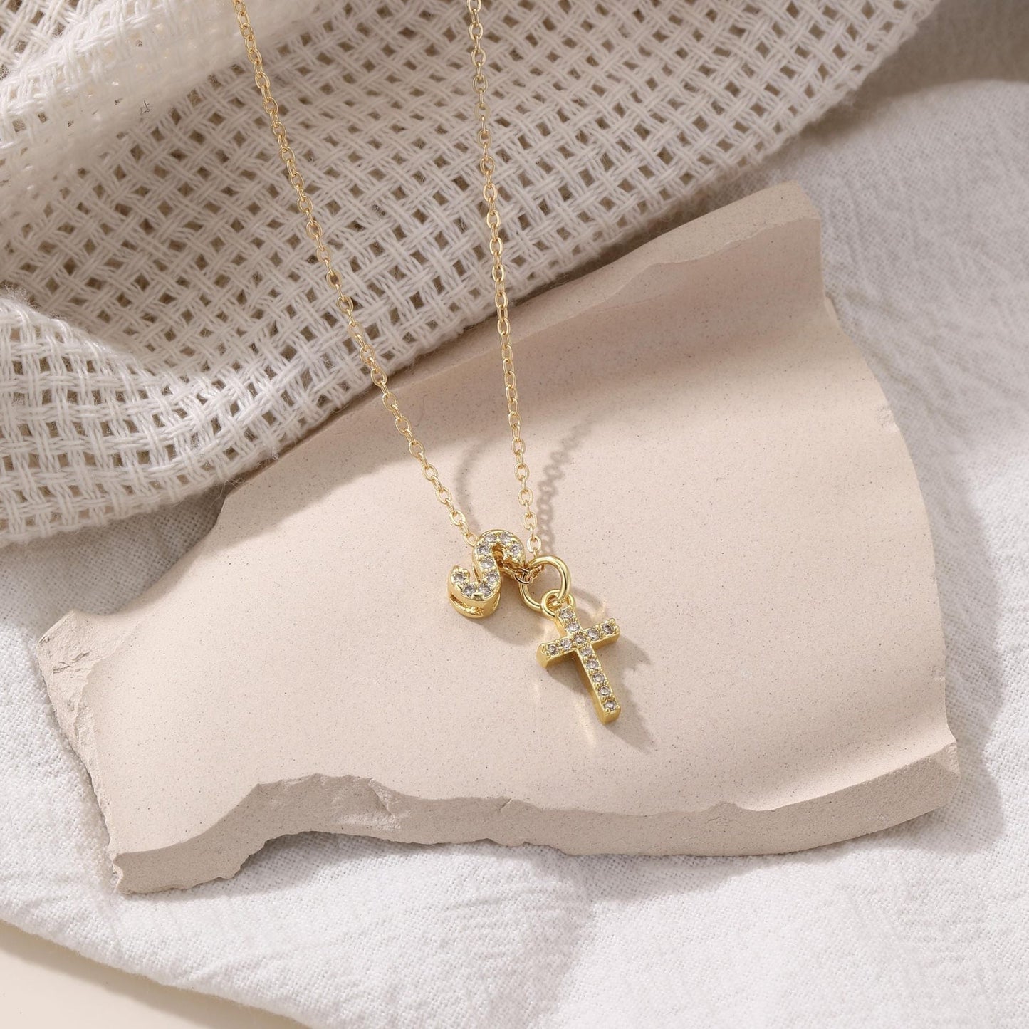 Delicate Diamond Letter & Cross Pendant Necklace
