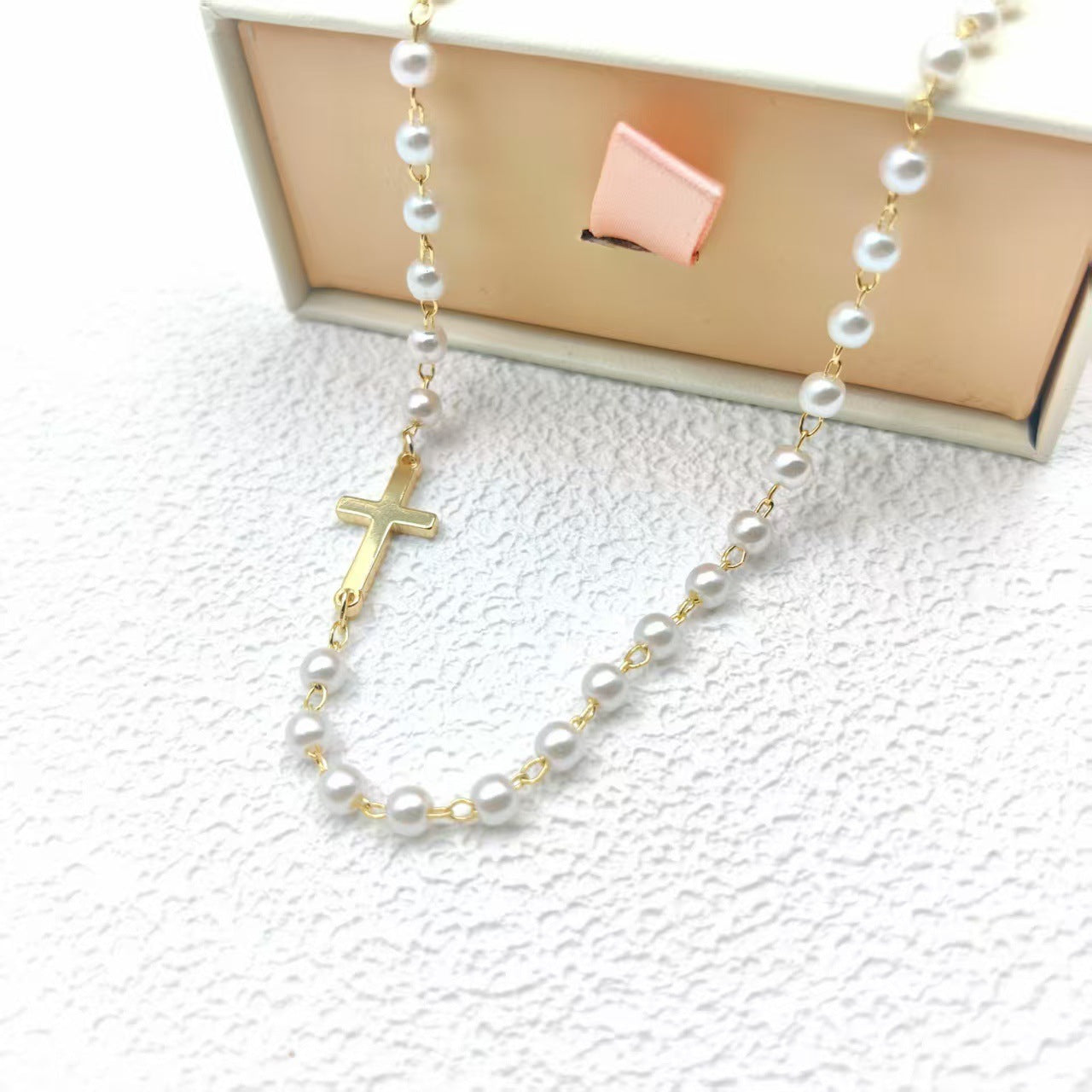Dainty Faux Pearl Cross Layering Choker Necklace