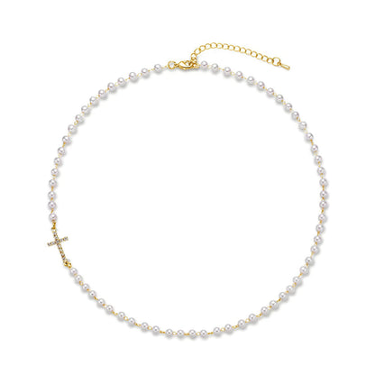 Dainty Faux Pearl Cross Layering Choker Necklace