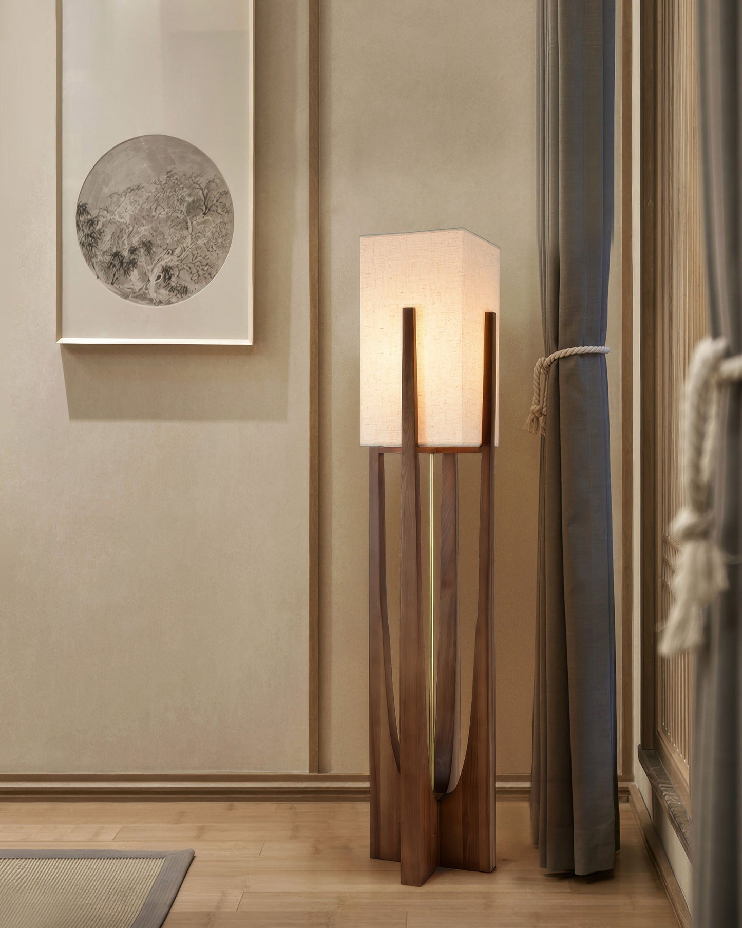 Traditional Wooden Floor Lamp Solid Dark Wood